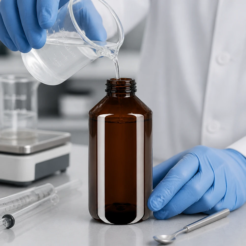 Brązowa butelka PET o pojemności 750 ml z niebieskim zamknięciem OV podczas napełniania w laboratorium farmaceutycznym