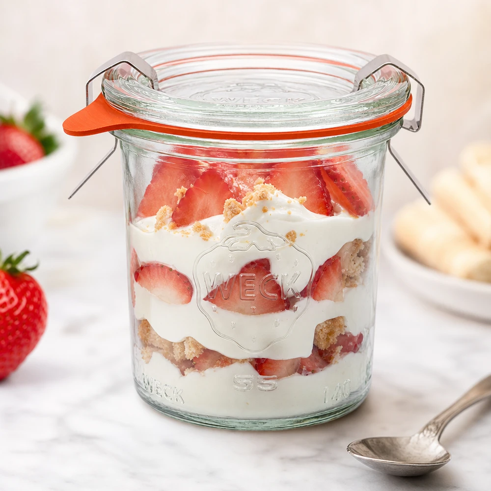 Kubeczki WECK 140ml RR60 wypełnione kremem truskawkowym jako słoiczek na porcję deseru ze świeżymi truskawkami i okruszkami biszkoptów