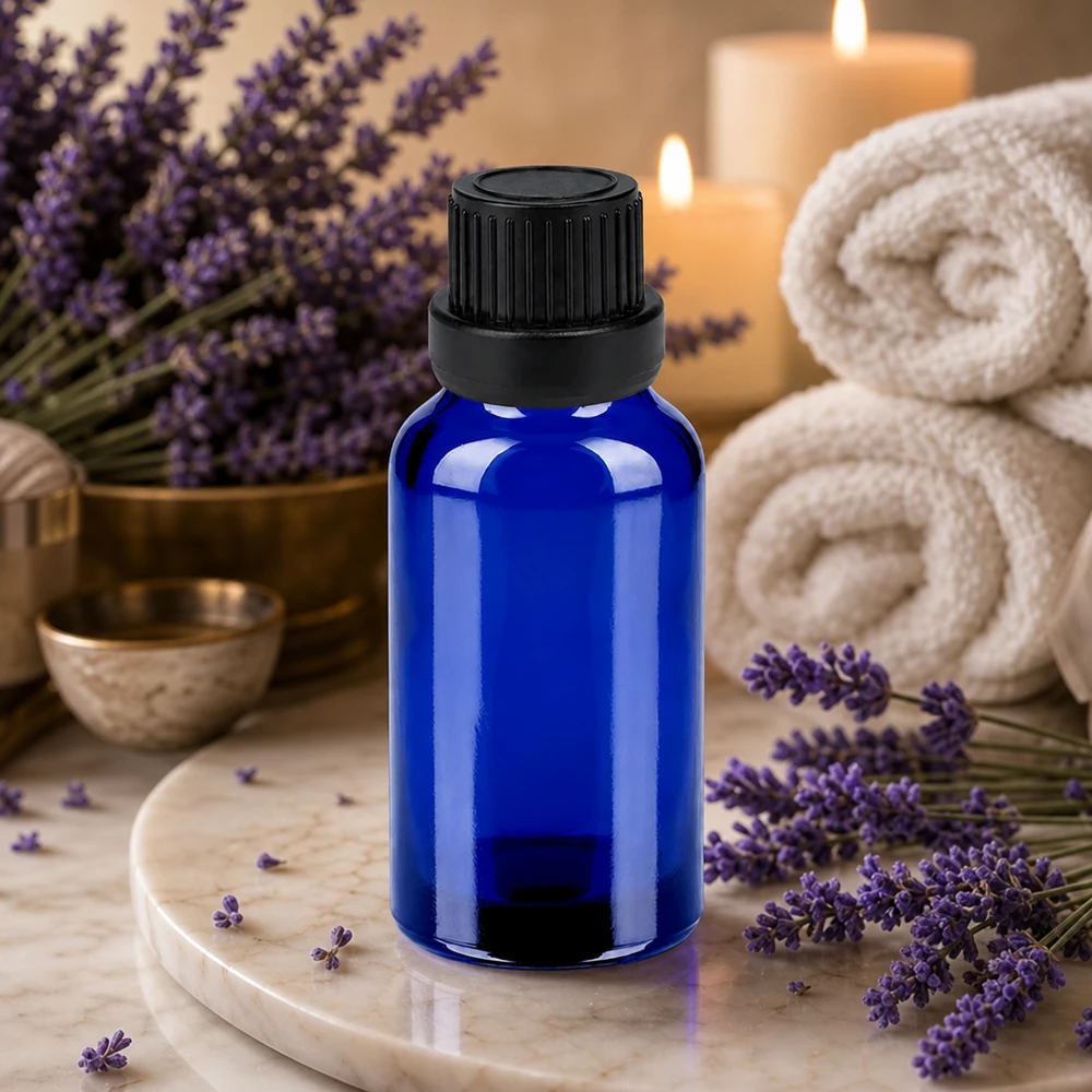 Butelka 20 ml 11 mm SV czarna OV BlueLine UT18/20 Szklana butelka 20 ml w kolorze niebieskim z zakrętką 11 mm na olejek lawendowy i kosmetyki naturalne