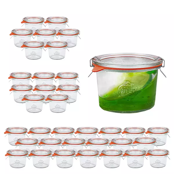 Zestaw 36 szklanych kubków Weck 80 ml z 36 szklanymi pokrywkami Zestaw 36 szklanych kubków Weck 80 ml z 36 szklanymi pokrywkami