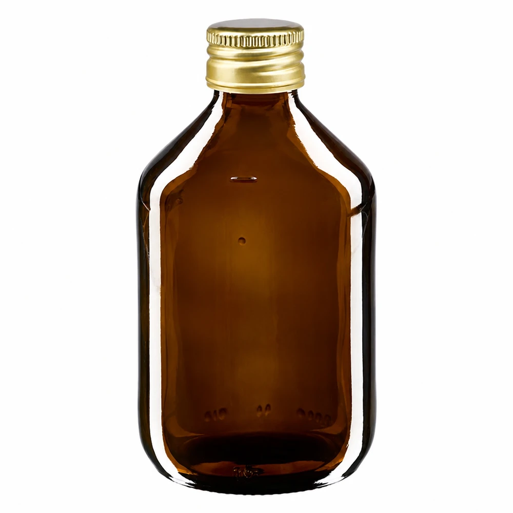 Butelka na lek o pojemności 300 ml, brązowa, ze złotą aluminiową zakrętką ApoGlas. Farmaceutyczna jakość produkcji UE. Gwint 28 mm (PP28). (syrop, butelka z lekkiego szkła) Butelka na leki 300 ml brązowa ze złotym aluminiowym korkiem do leków i nalewek