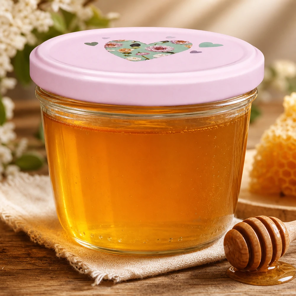 230 ml różowy słoik BasicSeal z pokrywką wypełniony miodem obok łyżki miodu na jutowej podkładce Przechowywanie produktów naturalnych