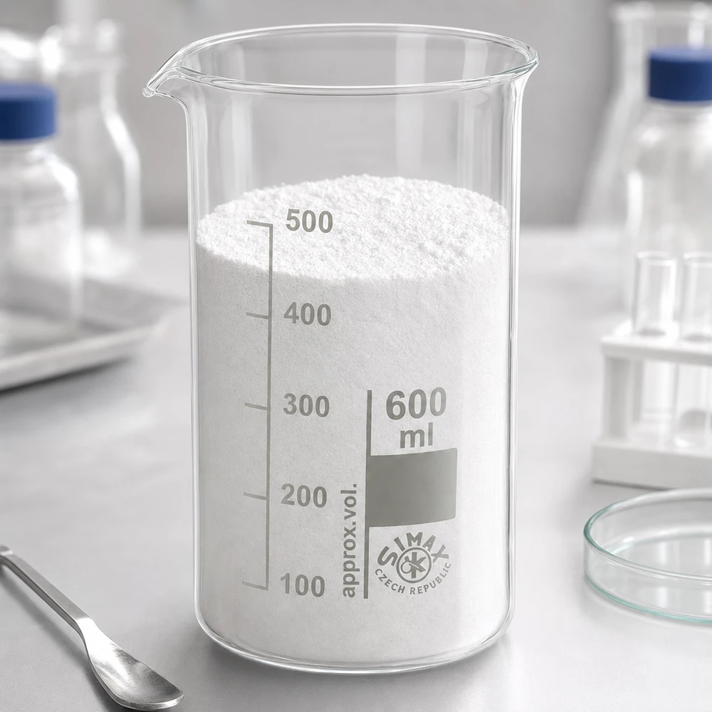 Szklanka o pojemności 600 ml, o wysokim kształcie, wypełniona białym proszkiem, stojąca na stole laboratoryjnym wraz z przyborami laboratoryjnymi