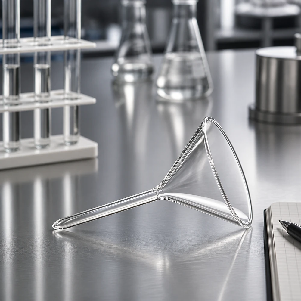 Lejek Ø 55 mm borokrzemianowy kątowy 60 krótki styl Lejek laboratoryjny z krótkim uchwytem wykonany ze szkła borokrzemowego o średnicy 55 mm do precyzyjnej dekantacji