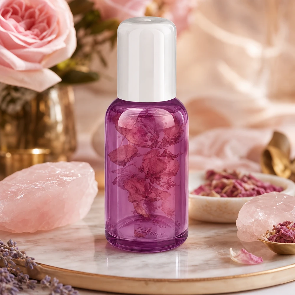Fioletowa szklana butelka roll-on 30 ml z suszonymi płatkami róży do naturalnej aromaterapii