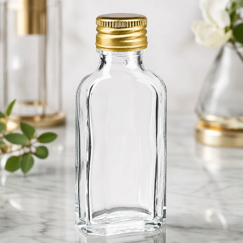 Płaska butelka z przezroczystego szkła o pojemności 50 ml, model Meplat, ze złotą aluminiową nakrętką PP22 na tle marmuru