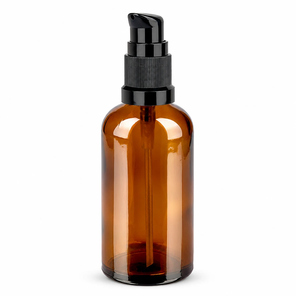 Brązowa szklana butelka 100 ml z czarnym dozownikiem z pompką do serum i olejków