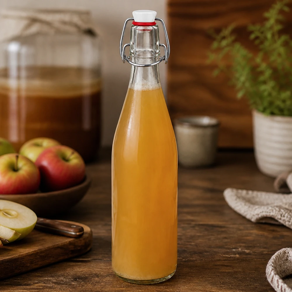 Butelka szklana 500 ml z zamknięciem porcelanowym UNiTWIST Glasflasche 500ml mit Bügelverschluss gefüllt mit Apfelsaft in rustikaler Küche neben frischen Äpfeln auf Holzbrett