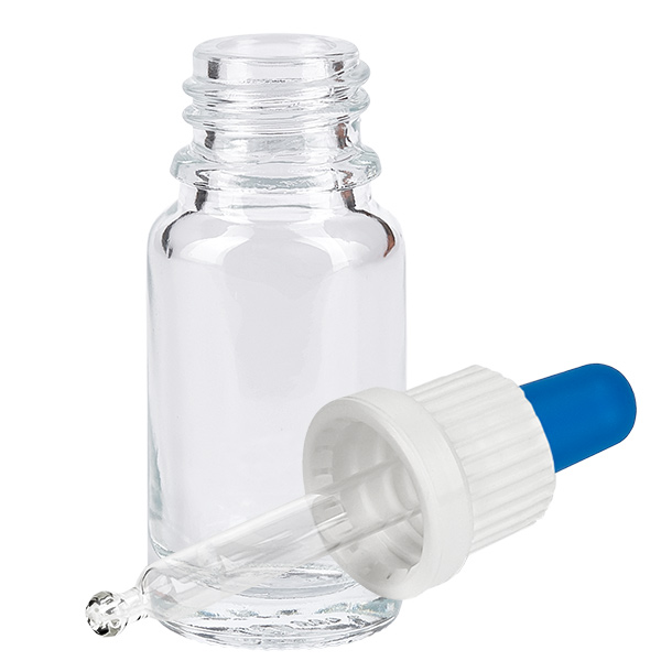 Butelka z pipetą 10 ml biała/niebieska OV ClearL. UT18/10 Przezroczysta buteleczka z pipetą o pojemności 10 ml, z białą pipetą kroplową i niebieską gumową kulką, otwarta