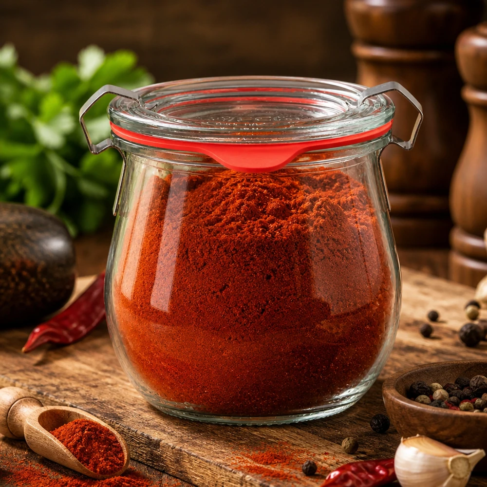 Słoik WECK Mini Tulip 220 ml z czerwoną papryką w proszku – słoik do przechowywania przypraw na drewnianej desce