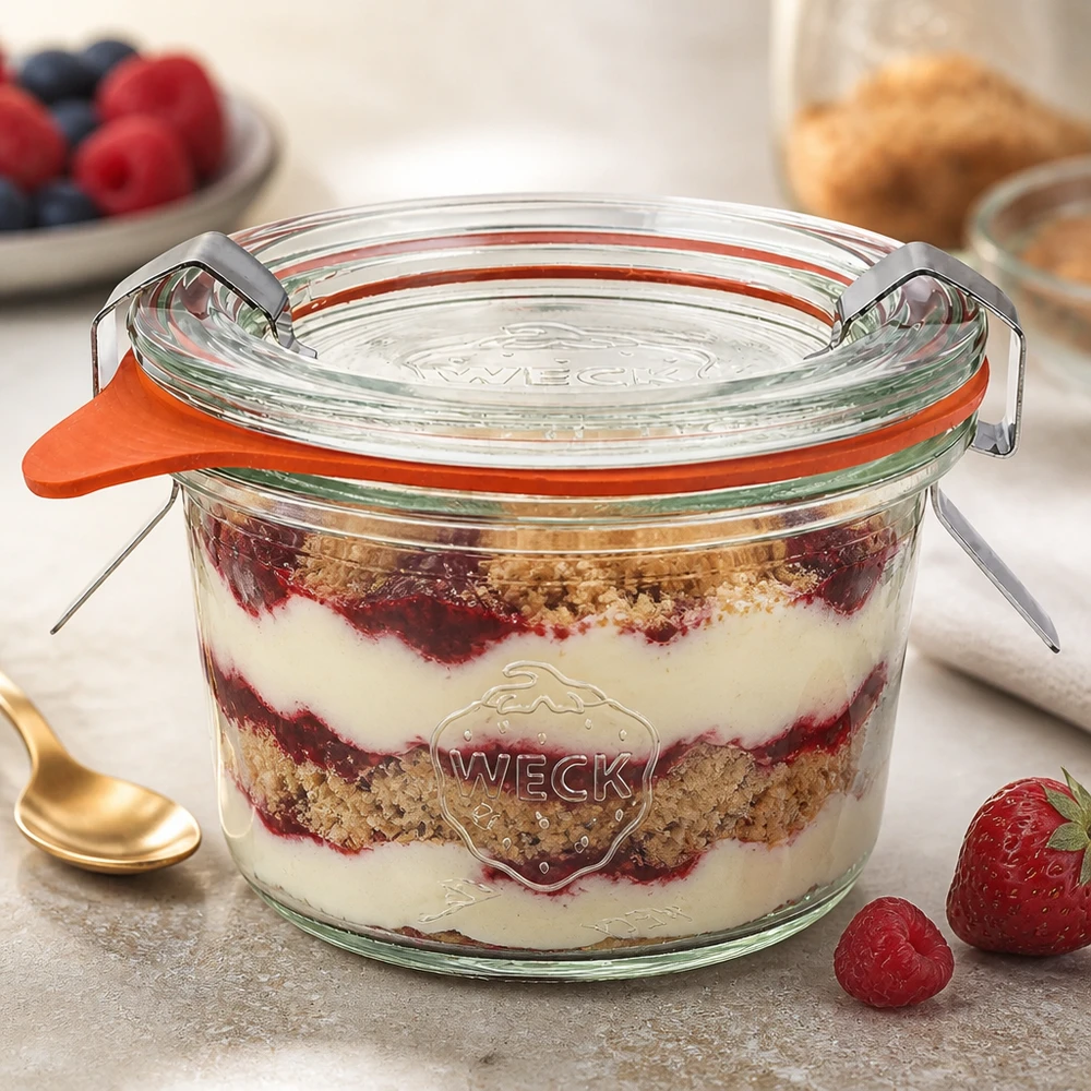 Kubki WECK 80ml RR60 z warstwowym deserem Tiramisu pokazują wszechstronne zastosowanie do deserów i porcjowania.