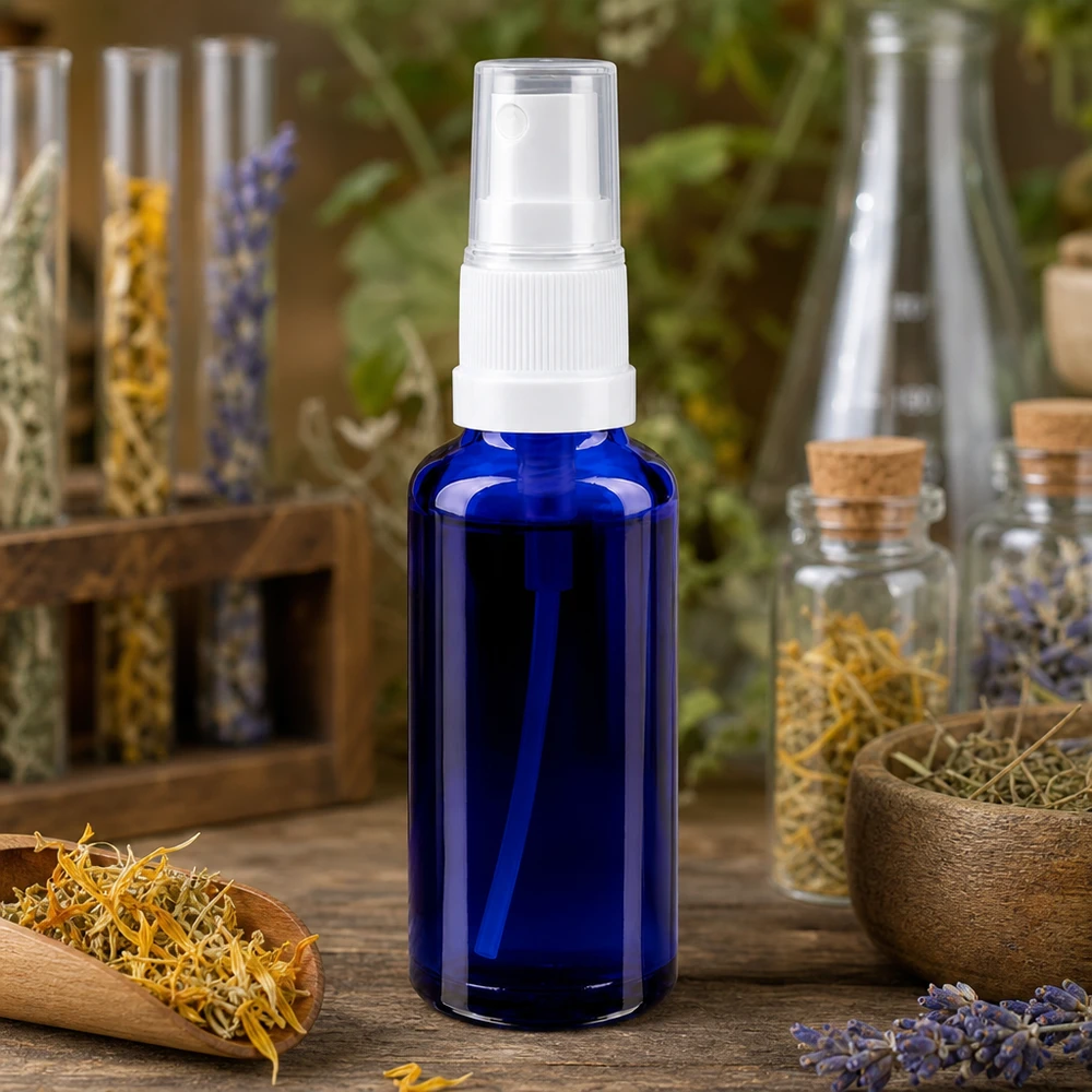 Butelka apteczna niebieska 30ml spray top biały 30 ml niebieska szklana buteleczka apteczna z atomizerem, umieszczona pomiędzy suszonymi ziołami leczniczymi, drewnianą miską i szklanymi naczyniami