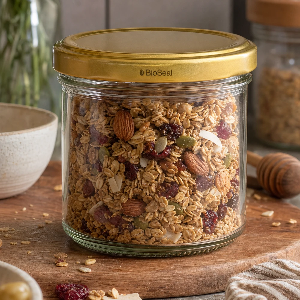 UNiTWIST Lintel125 w kolorze złotym. Pokrywa TO66 BioSeal UNiTWIST 125ml Vorratsglas mit Müsli und Nüssen - goldener TO66 Deckel für luftdichte Aufbewahrung von Granola