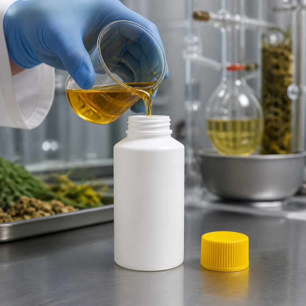 Laborant napełnia złotym ekstraktem białą butelkę apteczną z HDPE o pojemności 50 ml, wyposażoną w żółty zamknięcie zabezpieczające przed dziećmi
