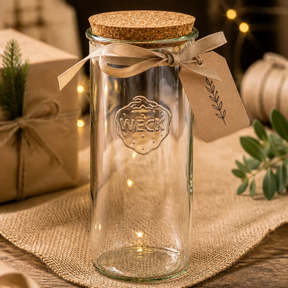 Kubki WECK 1500ml RR100 puste z korkiem pudełko prezentowe brązowa wstążka etykieta dekoracja świąteczna