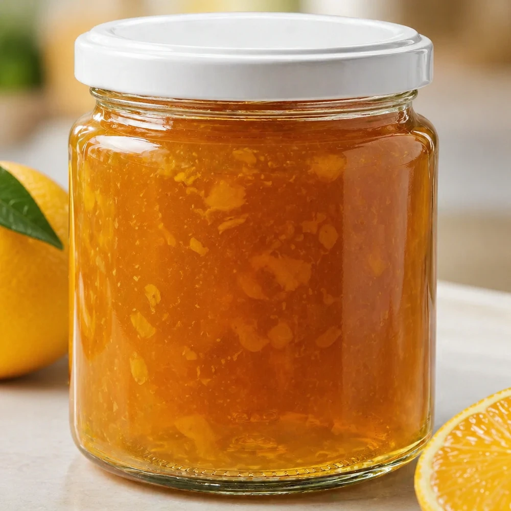 250 ml słoik miodu wypełniony złotym miodem i białą pokrywką UNiTWIST obok świeżych pomarańczy na kuchennym stole