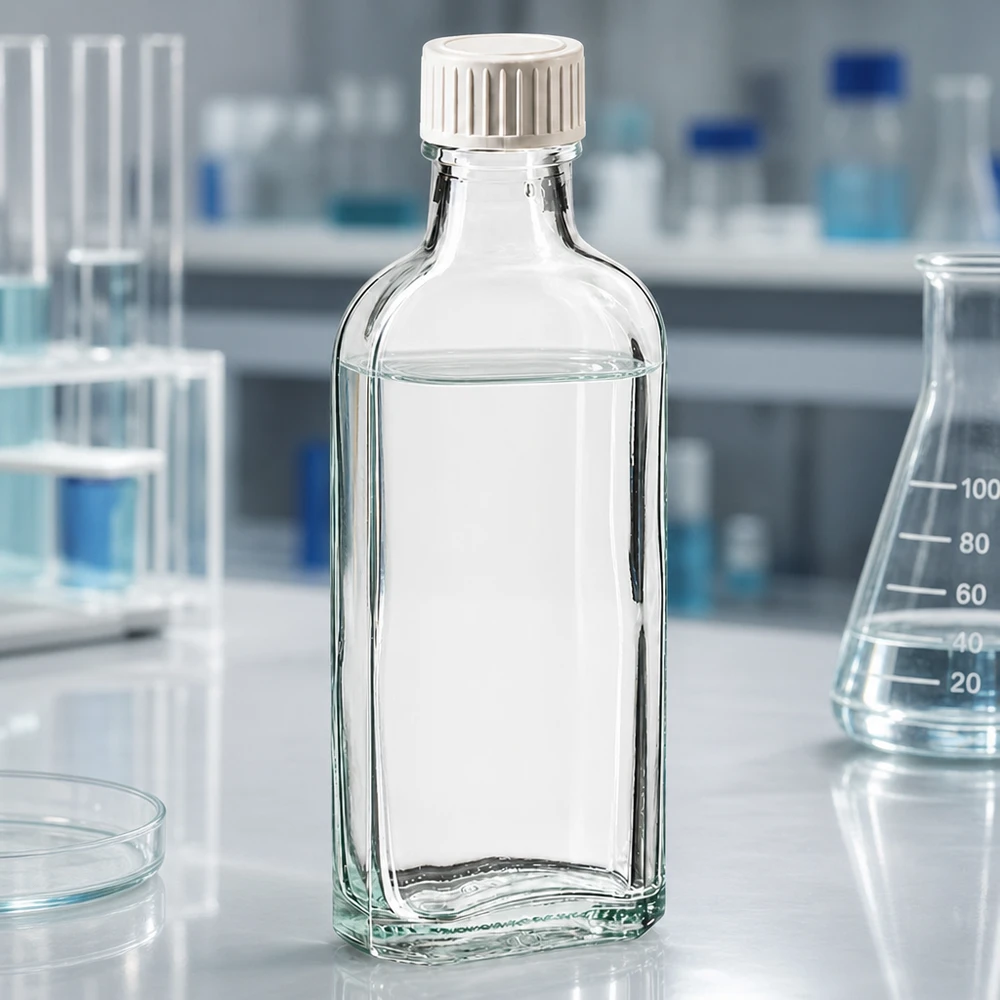 Mała butelka laboratoryjna o pojemności 100 ml z wkładką z pianki PE w zakręcanej nakrętce, stojąca na białym stole laboratoryjnym