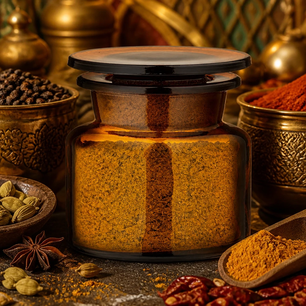 Butelka aptekarska o pojemności 50 ml z brązowego szkła, wypełniona curry, otoczona orientalnymi przyprawami i mosiężnymi miseczkami