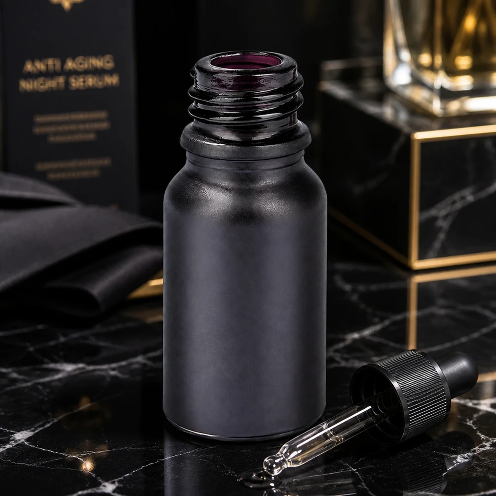 Czarna 10 ml butelka farmaceutyczna BlackLine UT18/10 z pipetą do precyzyjnego dozowania serum