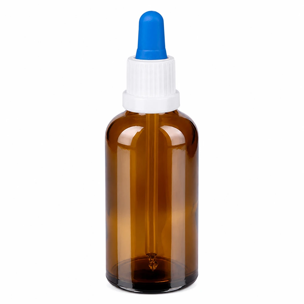 50 ml butelka z pipetą, biała/niebieska OV BrownLine UT18/50 Butelka z pipetą o pojemności 50 ml wykonana z bursztynowego szkła z białą zakrętką i niebieską nasadką na pipetę