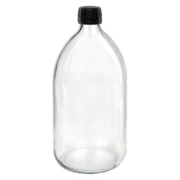 Butelka na lek 1000 ml przezroczysta, czarna zakrętka z pierścieniem zabezpieczającym ApoGlas. Farmaceutyczna jakość produkcji UE. Gwint 28 mm (PP28). (syrop, butelka z lekkiego szkła) Butelka na lek 1000 ml przezroczysta, czarna zakrętka z pierścieniem zabezpieczającym ApoGlas. Farmaceutyczna jakość produkcji UE. Gwint 28 mm (PP28). (syrop, butelka z lekkiego szkła)