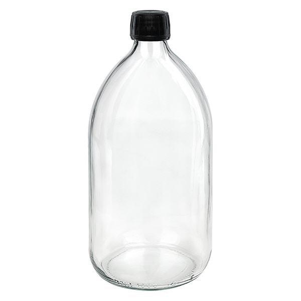 Butelka na lek 1000 ml przezroczysta, czarna zakrętka z pierścieniem zabezpieczającym ApoGlas. Farmaceutyczna jakość produkcji UE. Gwint 28 mm (PP28). (syrop, butelka z lekkiego szkła) Butelka na lek 1000 ml przezroczysta, czarna zakrętka z pierścieniem zabezpieczającym ApoGlas. Farmaceutyczna jakość produkcji UE. Gwint 28 mm (PP28). (syrop, butelka z lekkiego szkła)