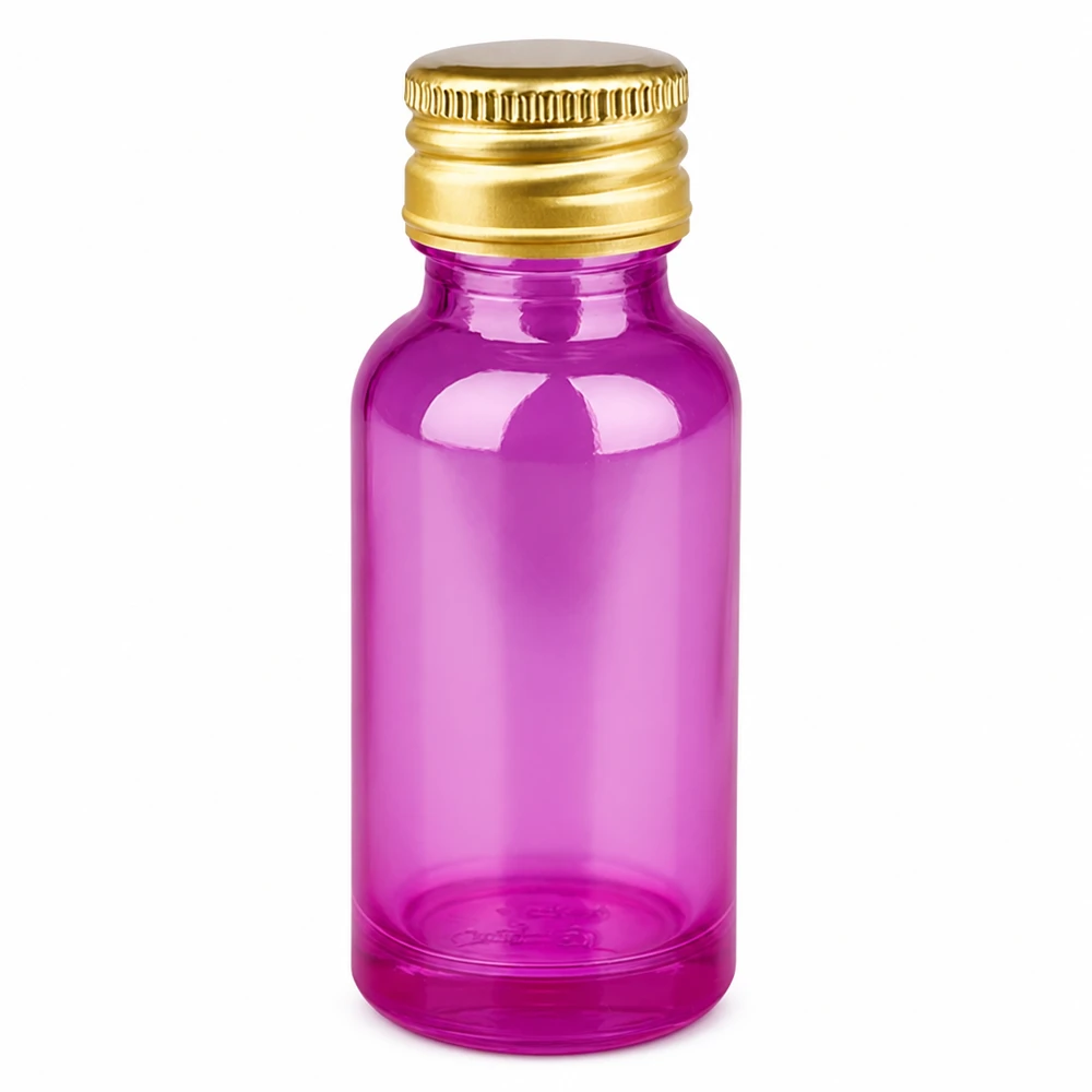 Butelka 20ml 11mm zakręcana aluminiowa złota standardowa PurpleLine. UT18/20 Szklana butelka 20 ml, fioletowa, przezroczysta, ze złotą aluminiową nakrętką z gwintem 11 mm