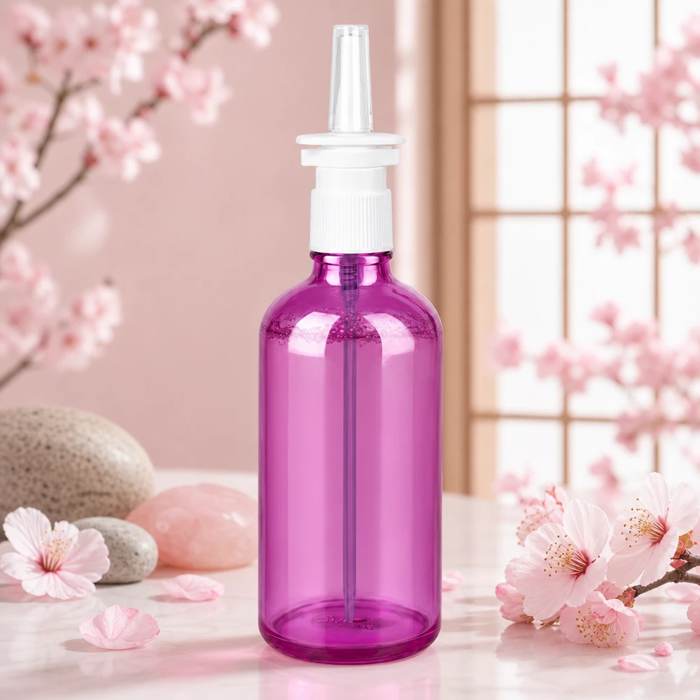 Butelka z rozpylaczem do nosa 100 ml biała/przezroczysta standardowa PurpleLine UT18/100 Ergonomiczna butelka do nosa o pojemności 100 ml z praktyczną głowicą rozpylającą w nowoczesnym fioletowym kolorze UT18