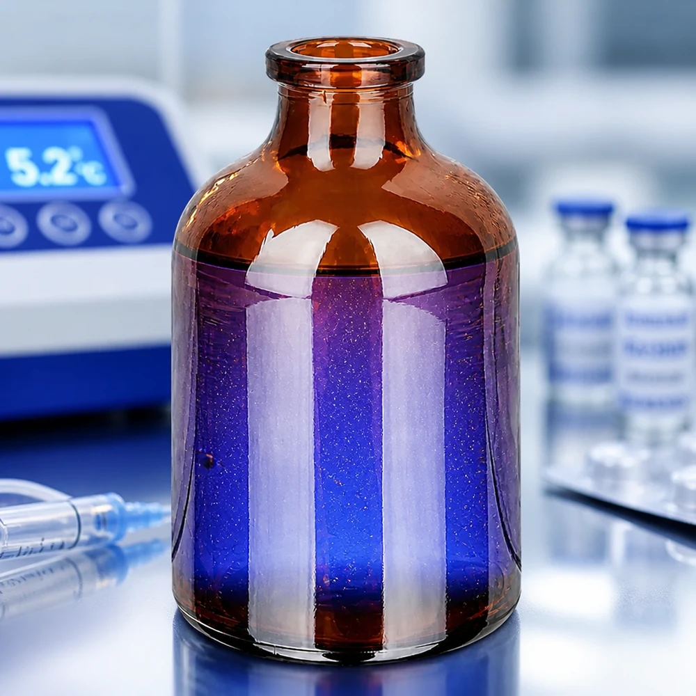 Butelka iniekcyjna z bursztynowego szkła 50 ml Injektionsflasche Braunglas 50ml mit violett schimmerndem Inhalt und Temperaturgerät im Hintergrund