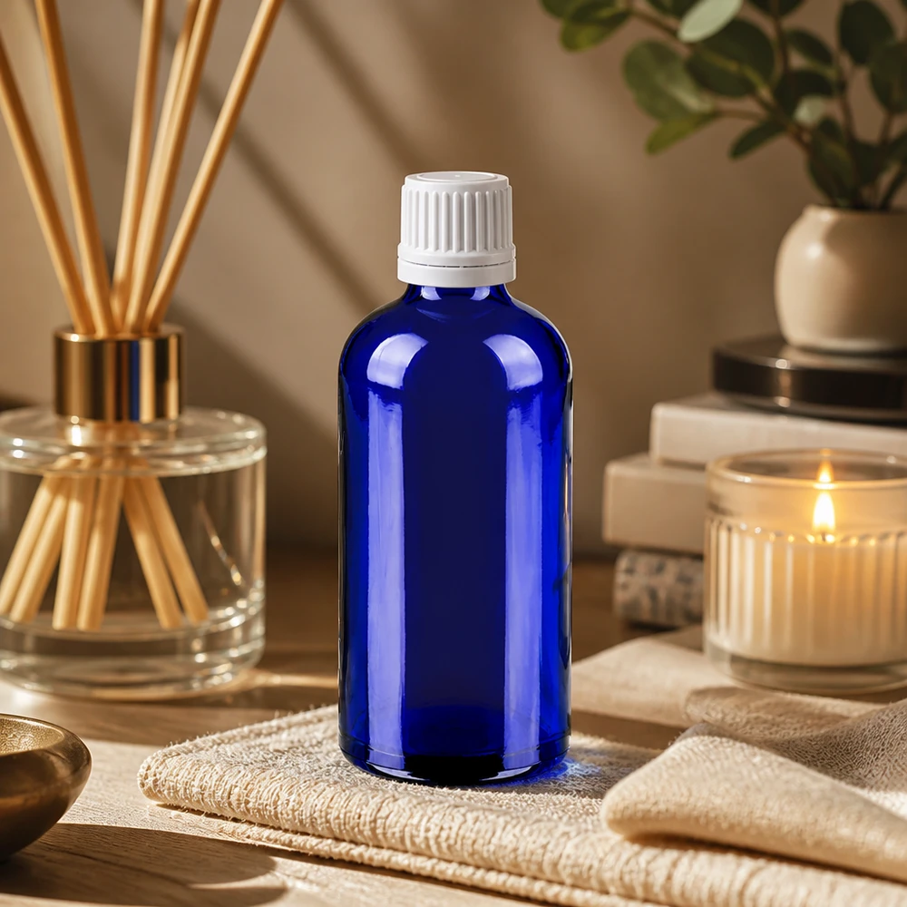 100 ml niebiesko-fioletowa szklana butelka z ochroną UV i białą zakrętką do produktów wrażliwych na światło
