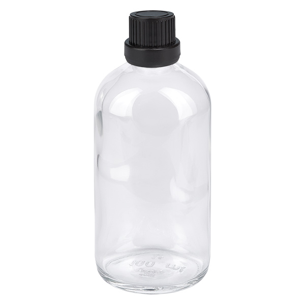 100 ml kroplówka 2 mm czarny OV ClearLine UT18/100 Butelka z kroplomierzem o pojemności 100 ml, z przezroczystego szkła, z czarnym zamknięciem zabezpieczającym, seria ClearLine, model UT18