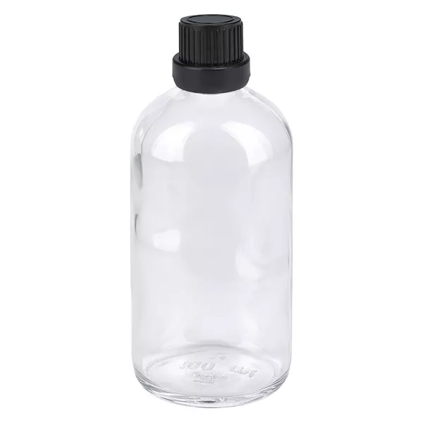 100 ml kroplówka 2 mm czarny OV ClearLine UT18/100 Butelka z kroplomierzem o pojemności 100 ml, z przezroczystego szkła, z czarnym zamknięciem zabezpieczającym, seria ClearLine, model UT18