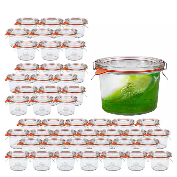 Zestaw 48 szklanych kubków Weck 80 ml z 48 szklanymi pokrywkami Zestaw 48 szklanych kubków Weck 80 ml z 48 szklanymi pokrywkami
