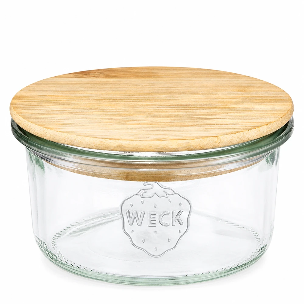 Kubki WECK RR80 o pojemności 165 ml z drewnianą pokrywką Słoik WECK 165 ml RR80 z okrągłą drewnianą pokrywką wykonaną z bambusa do konserwowania i przechowywania.