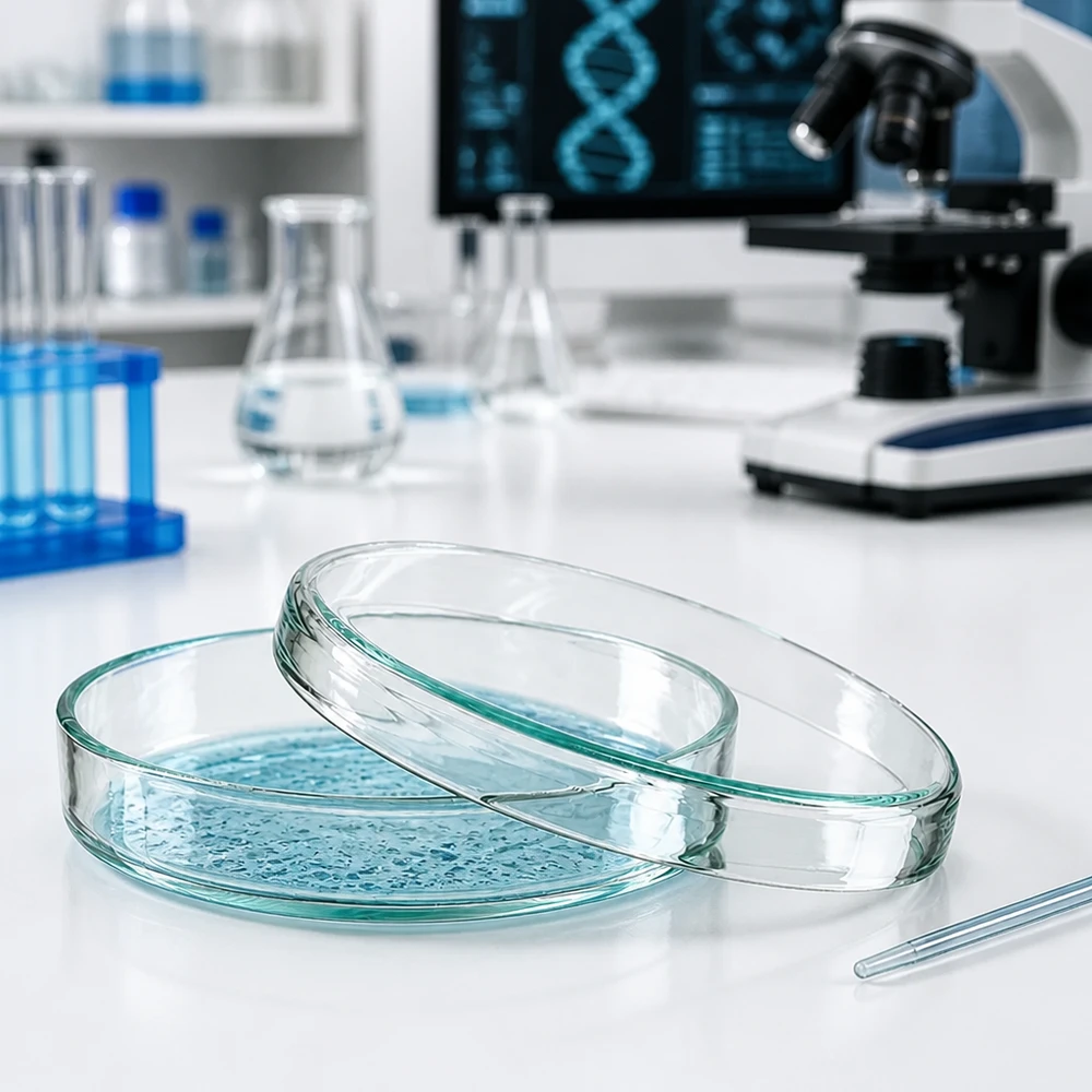 Szalki Petriego ze szkła borokrzemowego o wymiarach 80 x 15 mm z niebieskim pożywką w laboratorium mikrobiologicznym