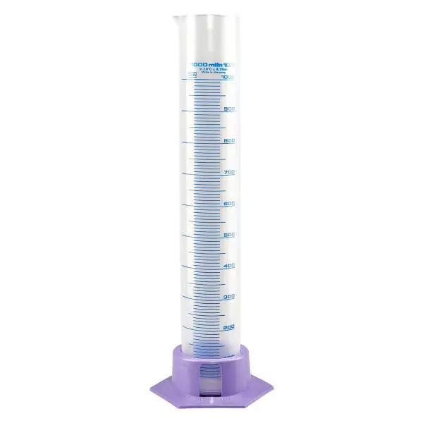 Cylinder miarowy 1000 ml PP, z podziałką i fioletową podstawą Cylinder miarowy 1000 ml PP, z podziałką i fioletową podstawą
