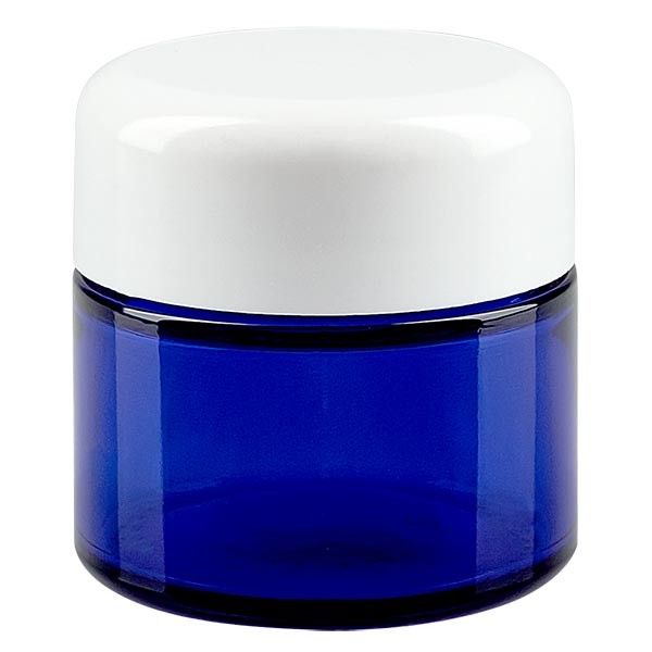 Szklany słoik 50 ml w kolorze błękitu królewskiego, z bia...